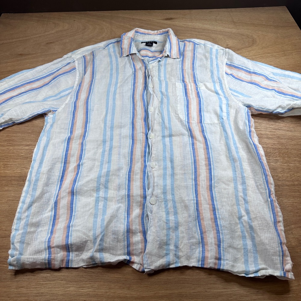 Trust 100% Linen Shirt Mens XXL Blue Peach Striped Button Front Coastal